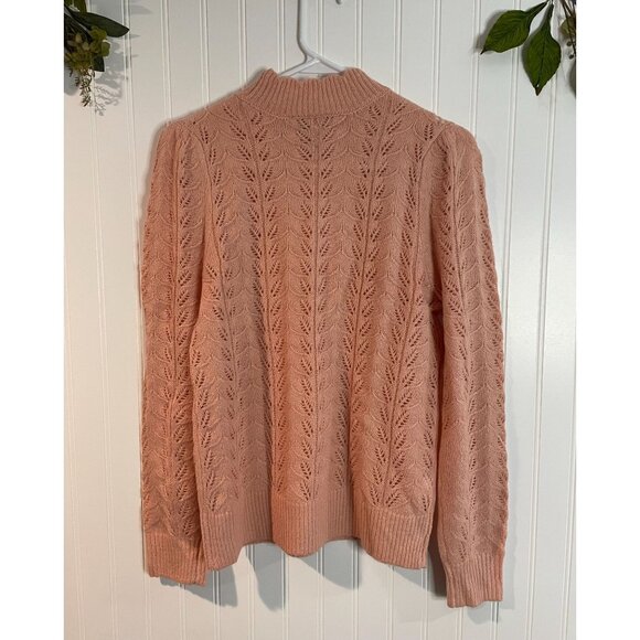 Loft Womens Scalloped Mock Neck Sweater Pink Leaf Pattern Knit Acrylic/Nylon S - Picture 2 of 9